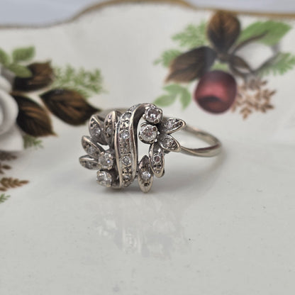 Antieke 14k witgouden ring diamanten bloemen