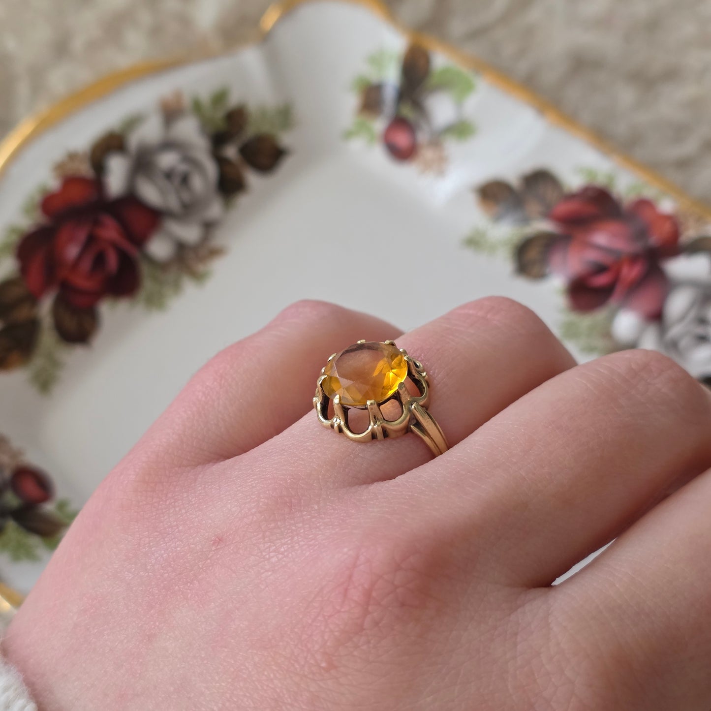 Vintage 14k gouden ring citrien bloem