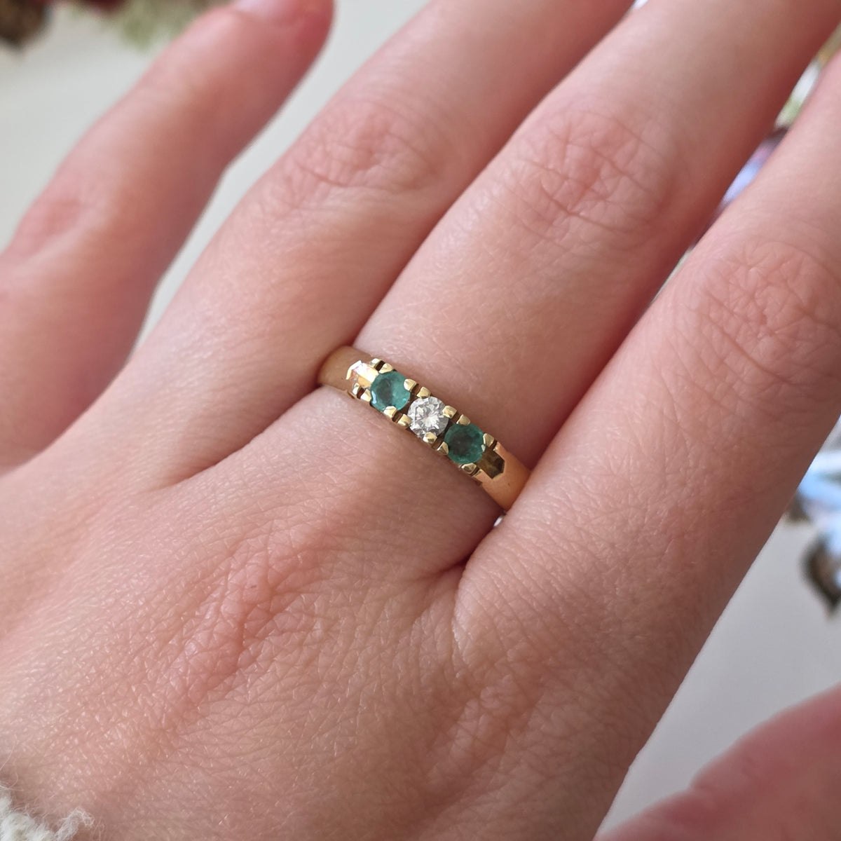 Vintage 14k gouden ring met smaragd en diamant