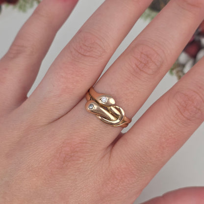 Antique 14k gold snake ring with rose-cut diamond and quartz