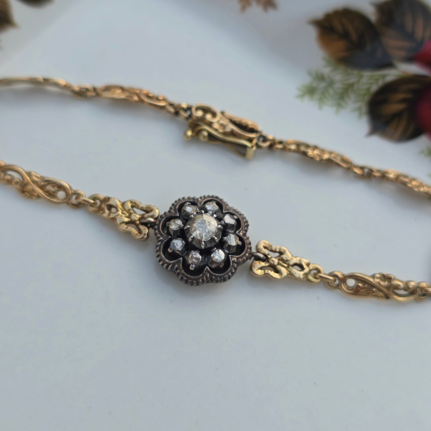 Antieke 14k gouden en zilver roosdiamant armband