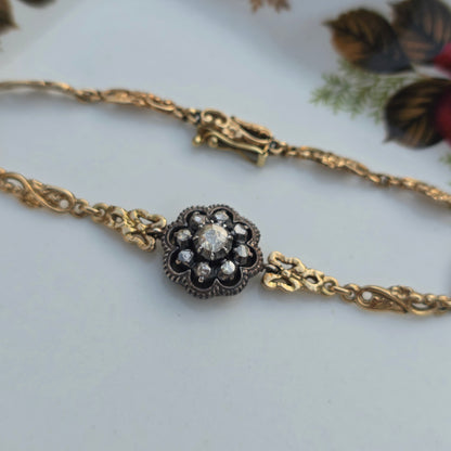 Antieke 14k gouden en zilver roosdiamant armband