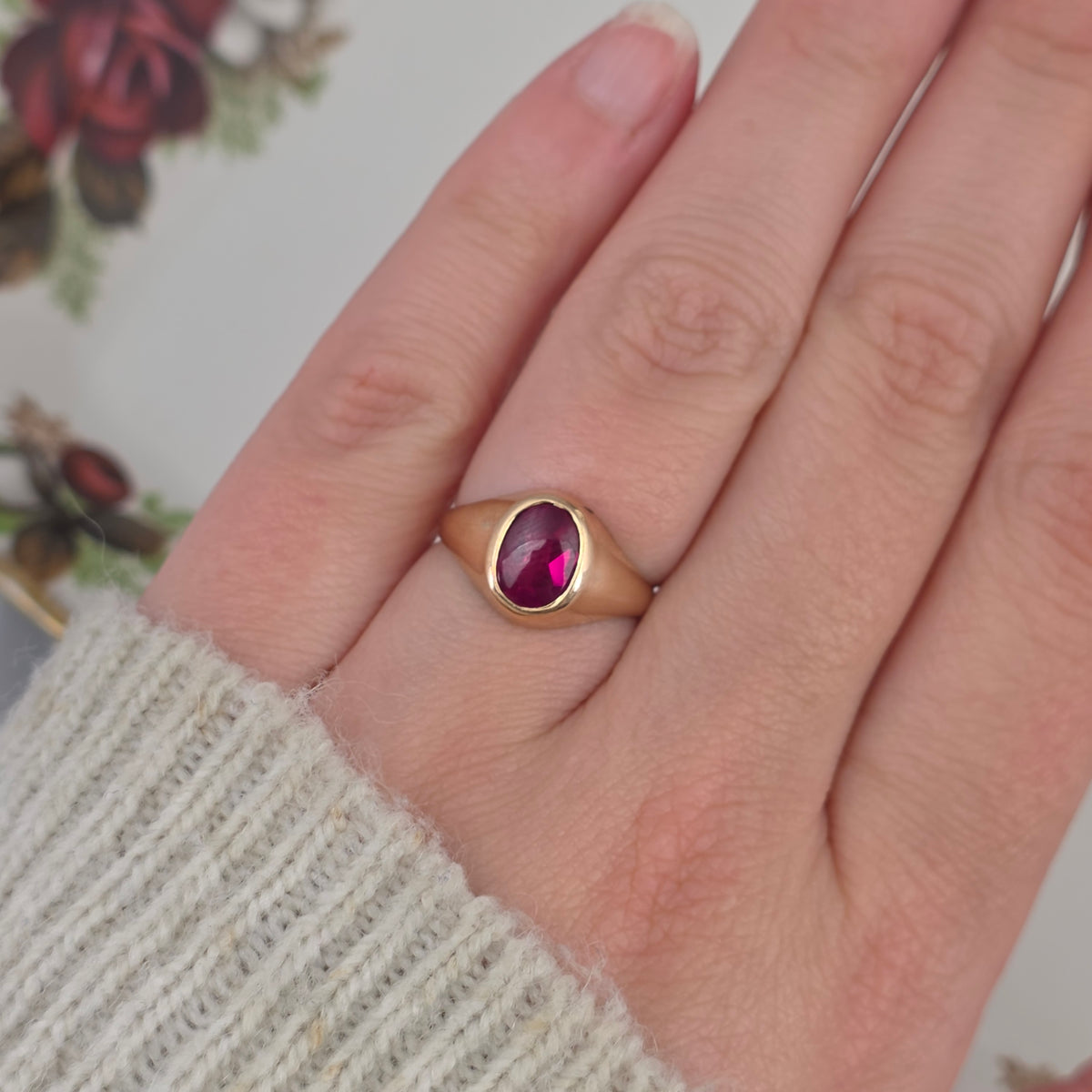 Vintage 18k gouden zegelring robijn