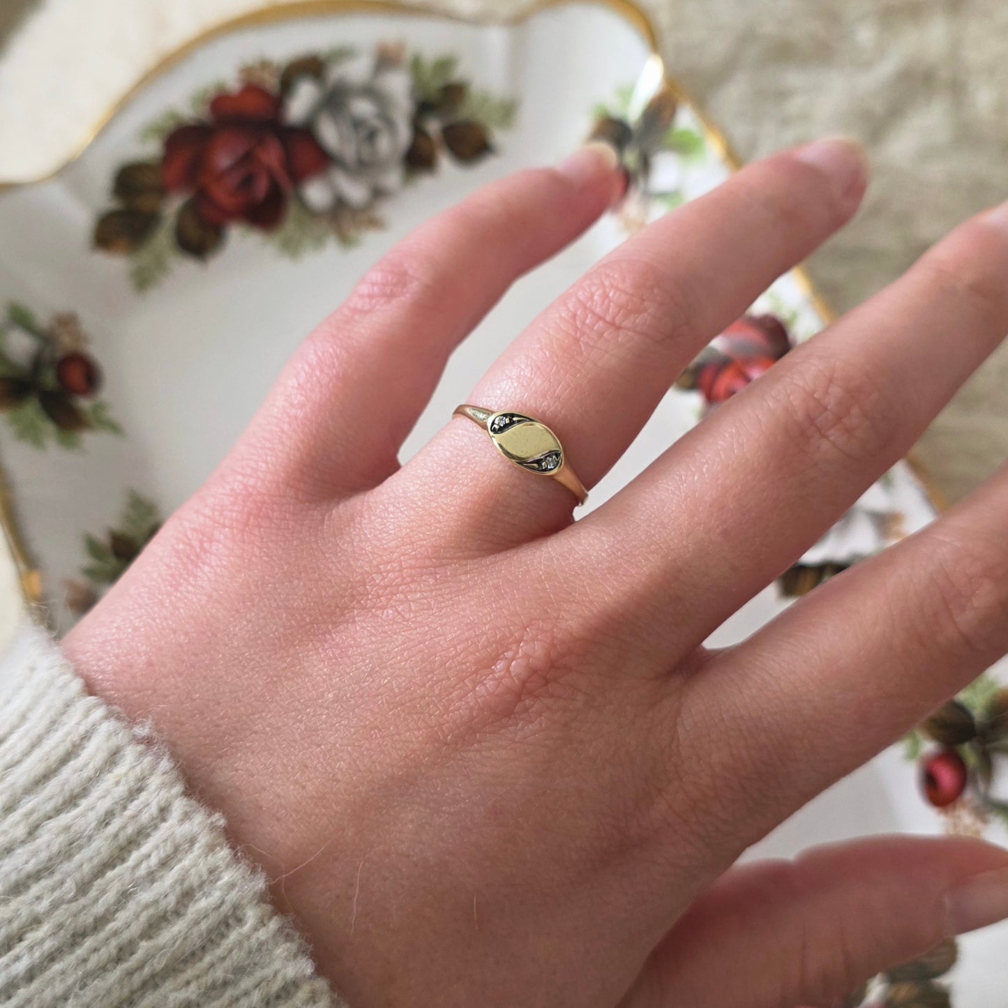 Vintage 14k gouden zegelring diamant