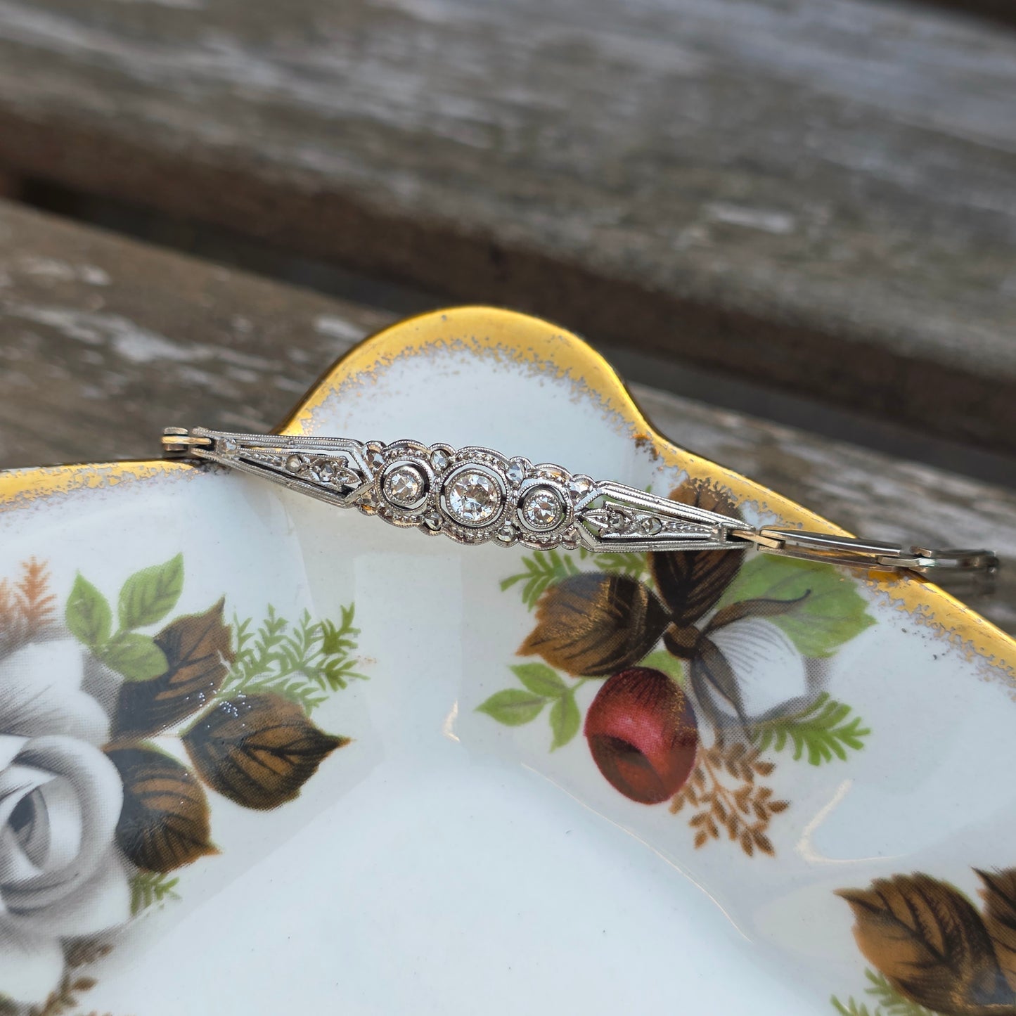 Antieke 14k wit gouden Art Deco diamanten armband