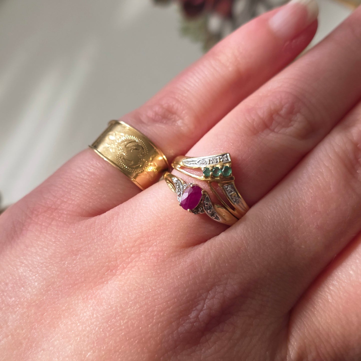 Vintage 10k ring met diamant en robijn