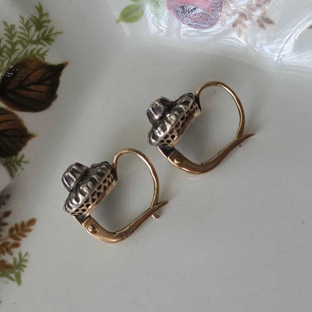 Antique 14k gold and silver rose-cut diamond dormeuse earrings