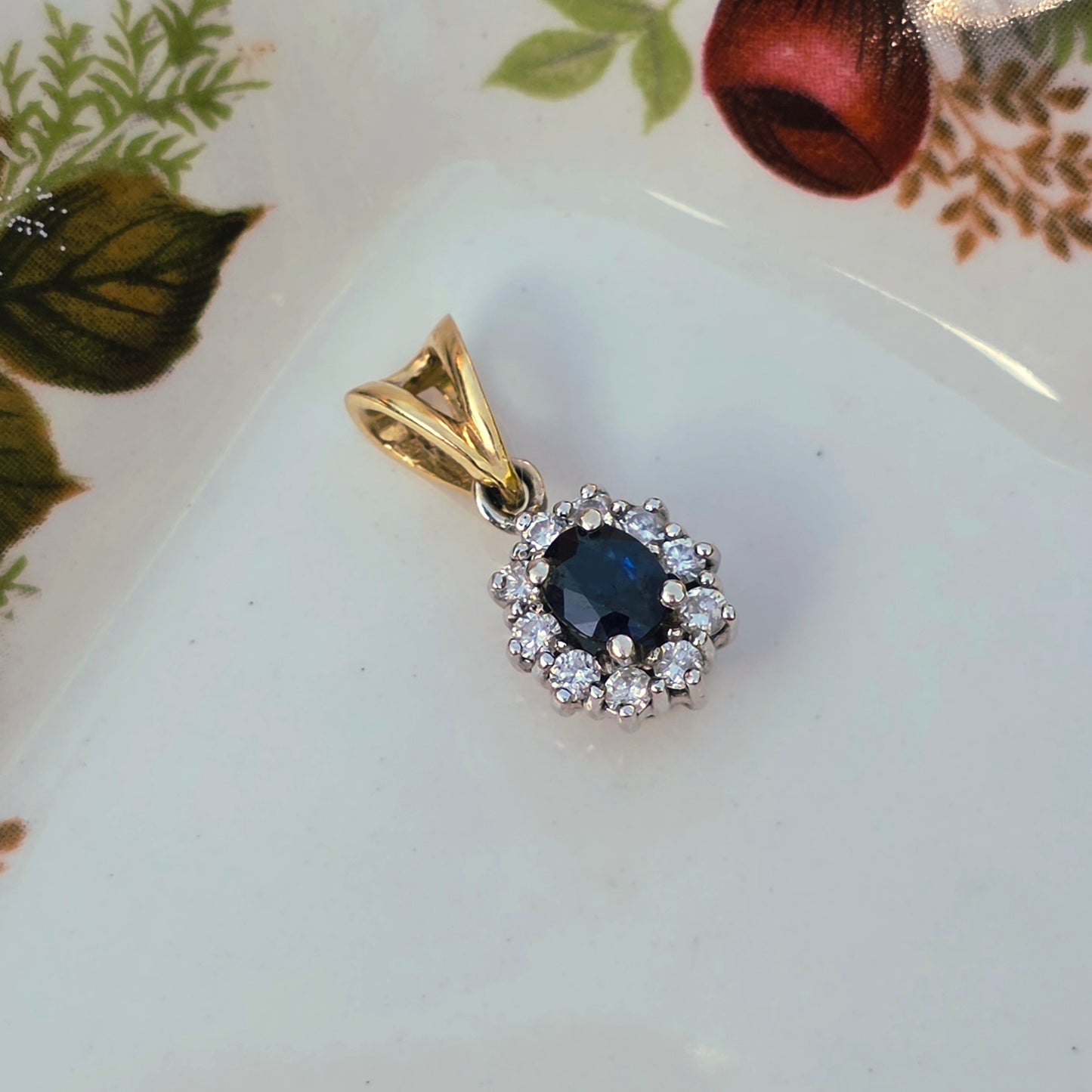 Vintage 14k gouden hanger diamant en saffier