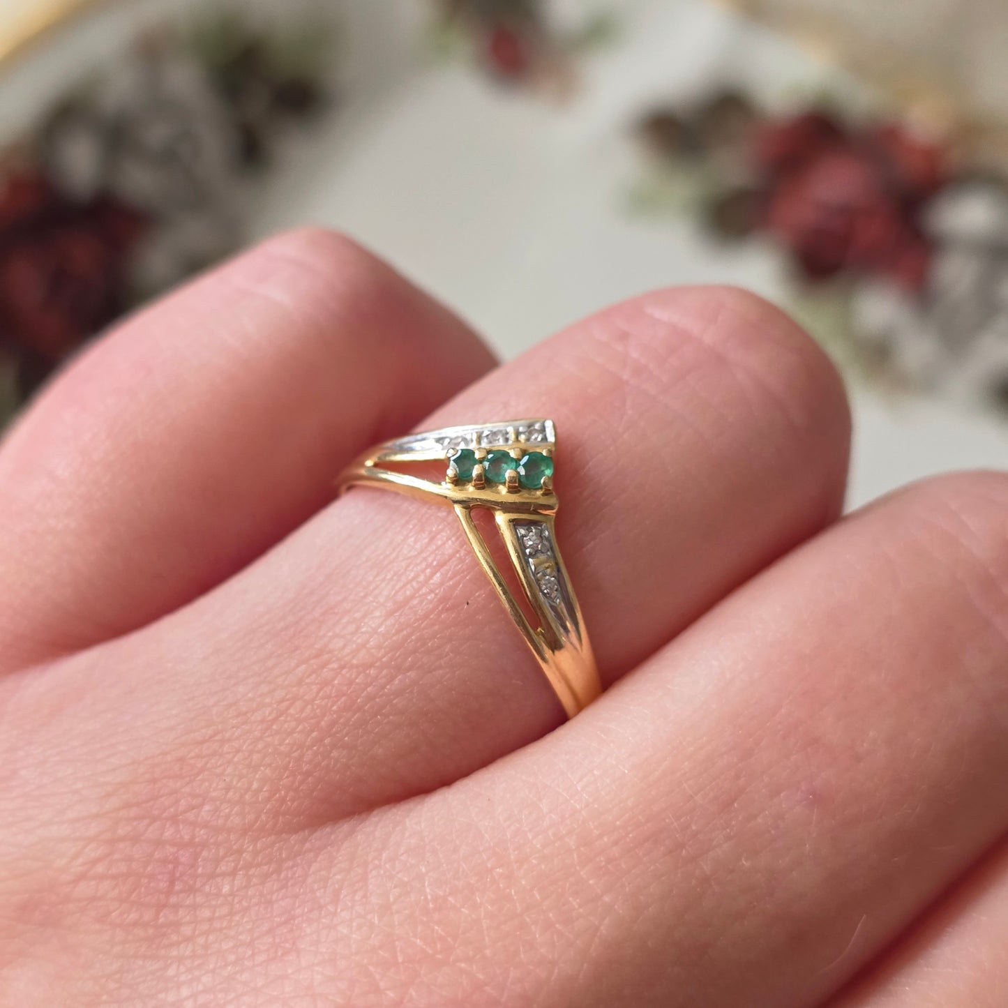Vintage 18k ring met diamant en smaragd