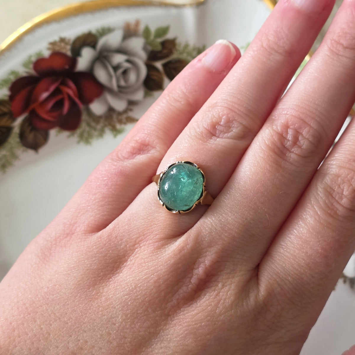 Vintage 14k gouden ring met groene beryl cabochon