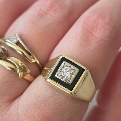 Vintage 14k gouden zegelring met onyx en diamant