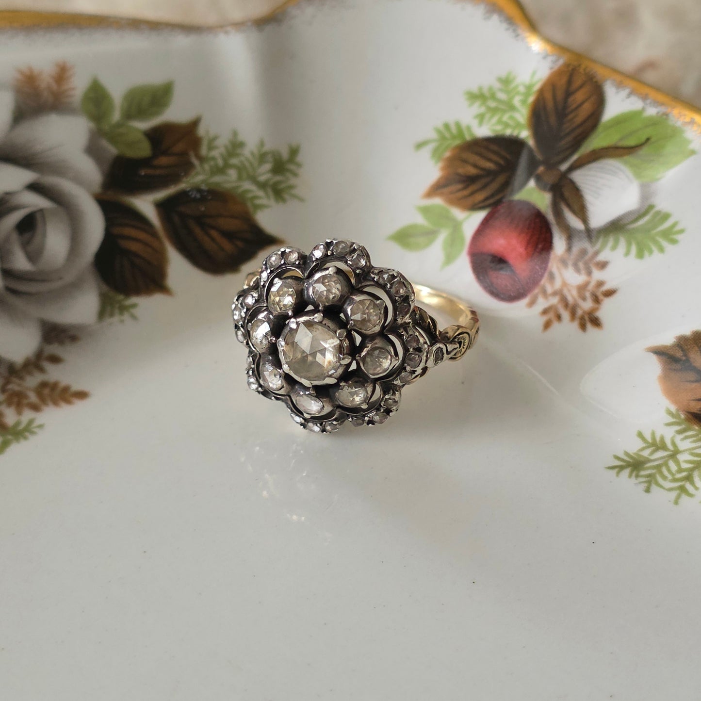 Antieke 14k gouden en zilver ring roosdiamant bloem