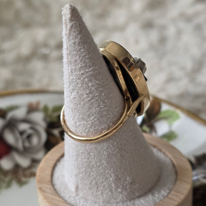 Antieke 14k gouden ring met onyx, robijnen en roosdiamant