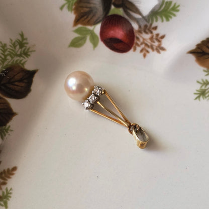 Vintage 14k gouden hanger parel en diamanten