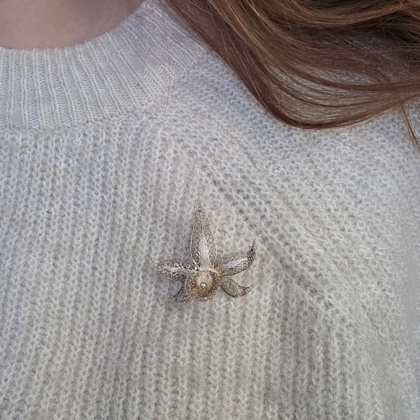 Antique silver filigree orchid brooch