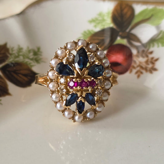 Vintage 14k ring saffier robijn diamant en zaadparels Franklin Mint
