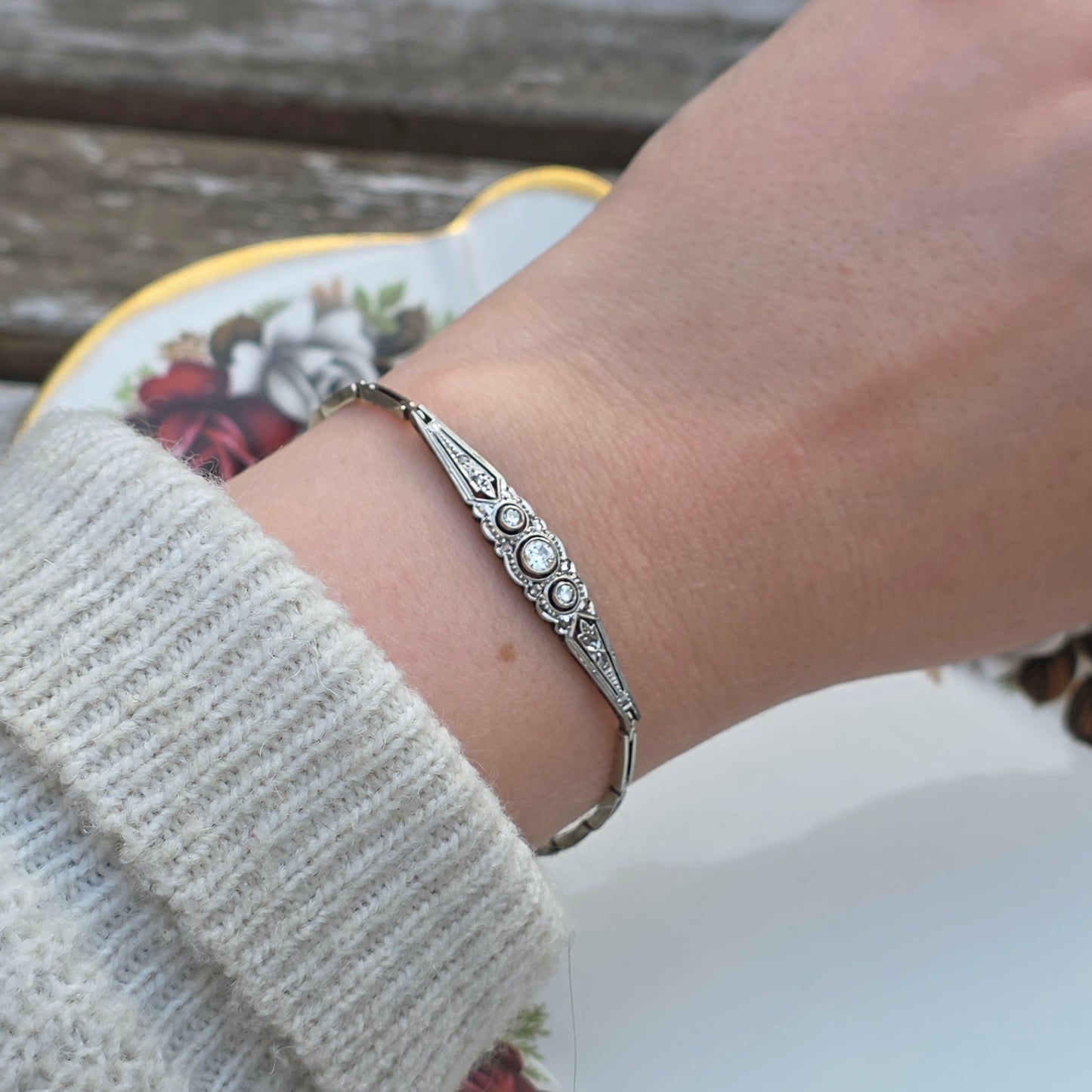 Antieke 14k wit gouden Art Deco diamanten armband