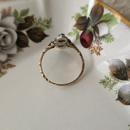 Antieke 14k gouden en zilver ring roosdiamant navette