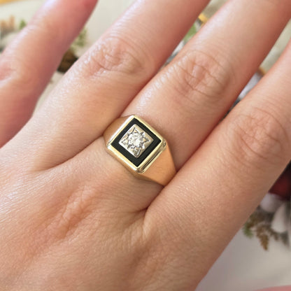 Vintage 14k gouden zegelring met onyx en diamant