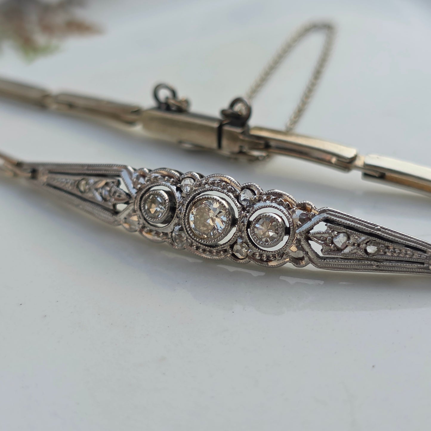 Antieke 14k wit gouden Art Deco diamanten armband