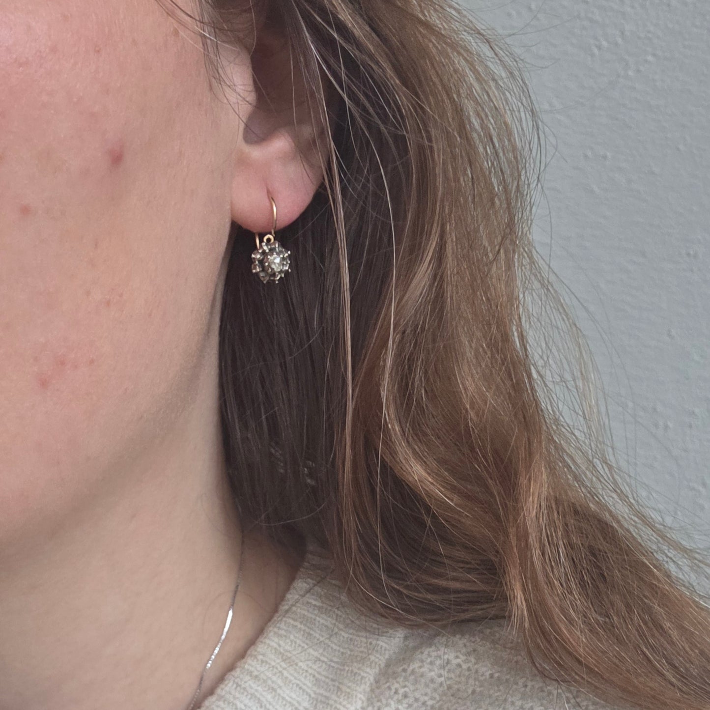 Antieke 14k gouden en zilver roosdiamant oorhangers