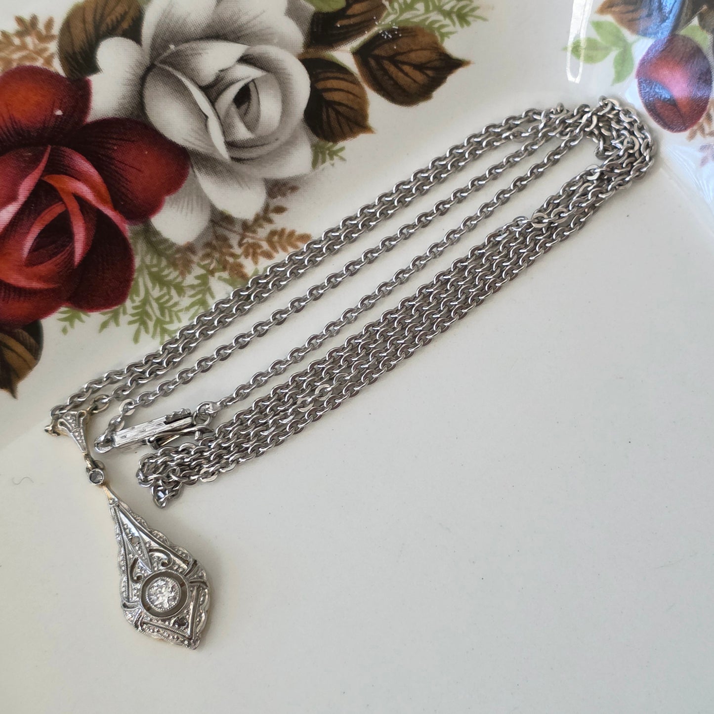 Antieke 14k wit gouden Art Deco diamant ketting