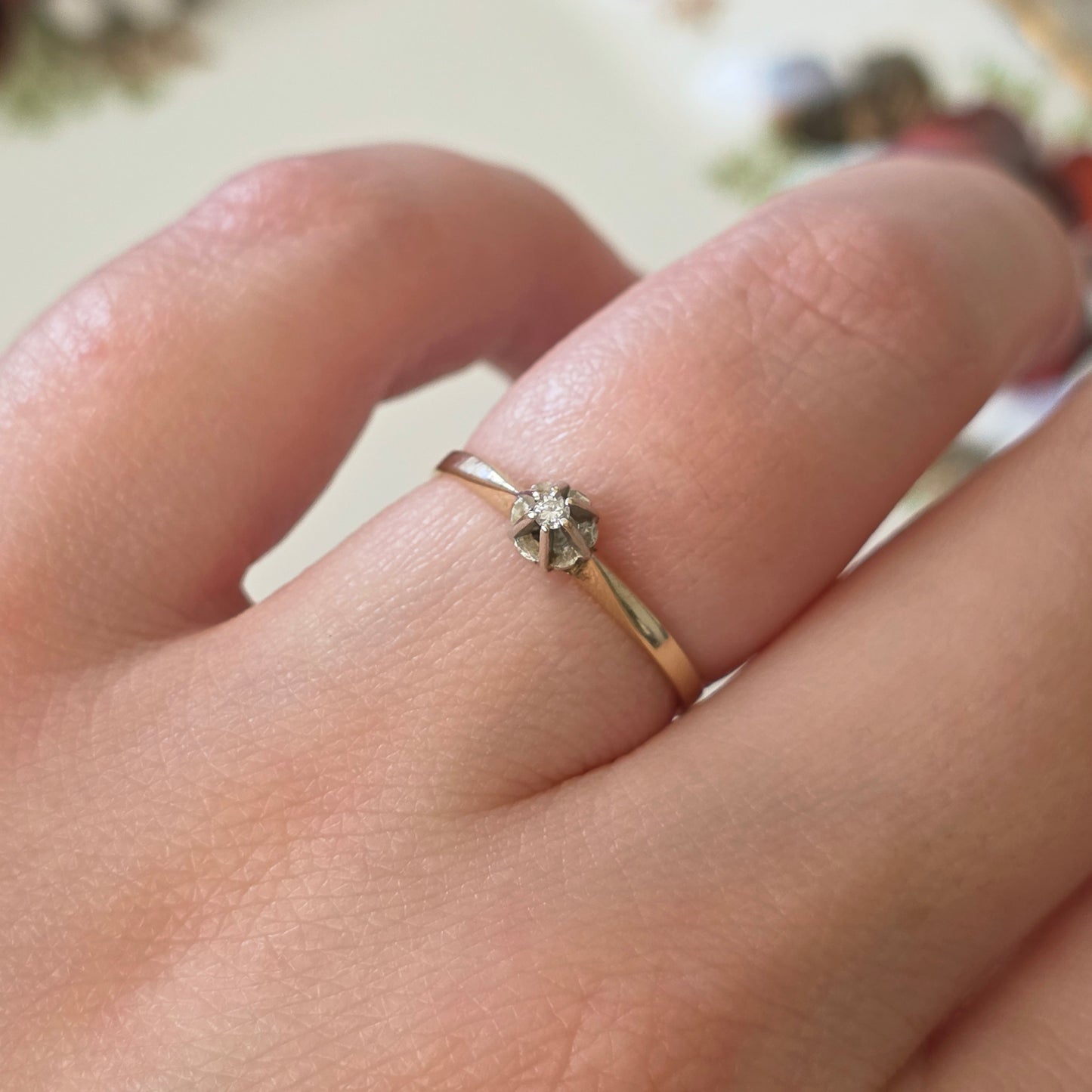 Vintage 14k gouden solitair verlovingsring diamant 0.02ct
