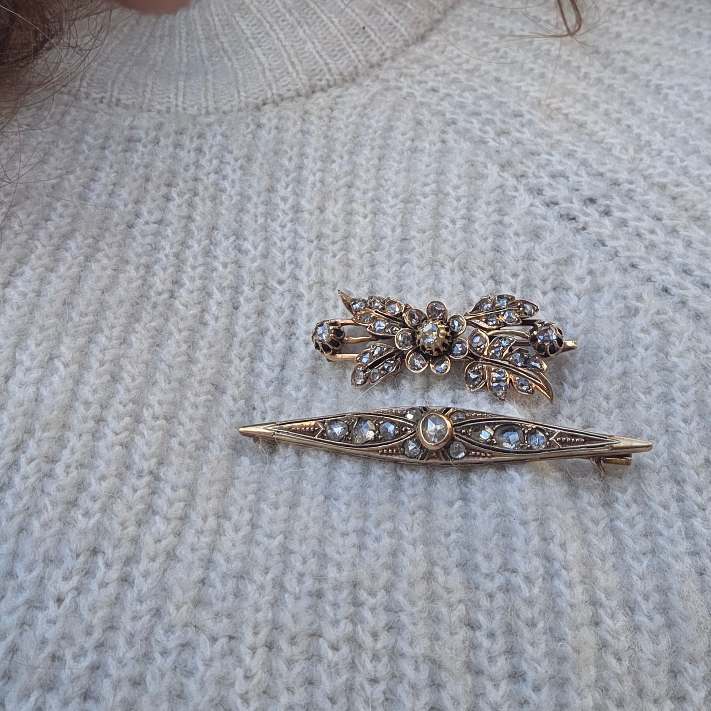 Antieke 14k gouden roosdiamant broche vroege Art Deco