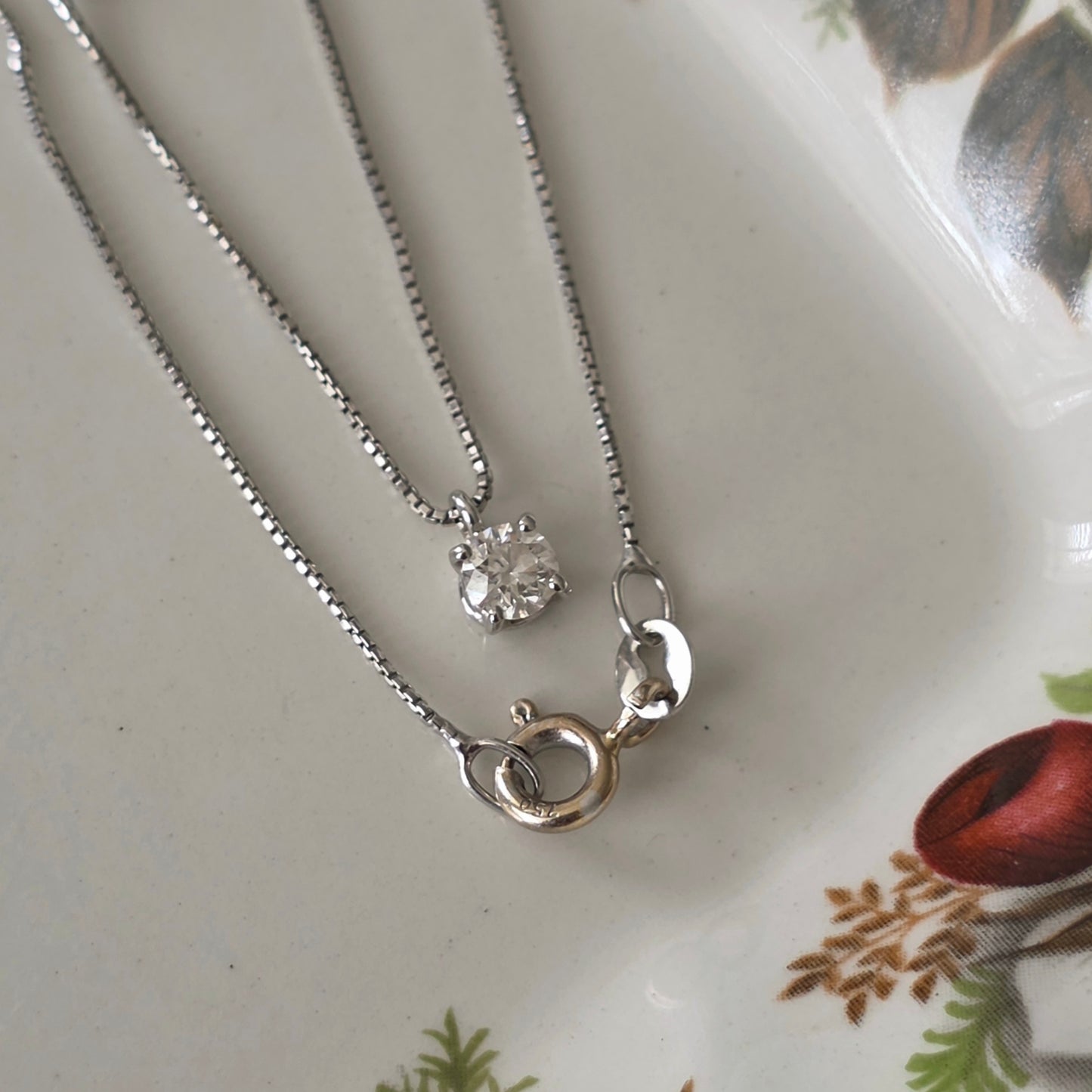Vintage 18k witgouden ketting met diamant solitair 0.2ct