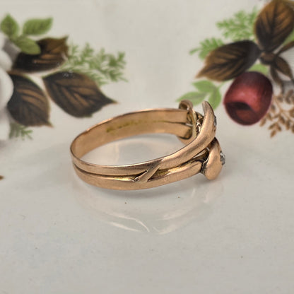Antique 14k gold snake ring with rose-cut diamond and quartz