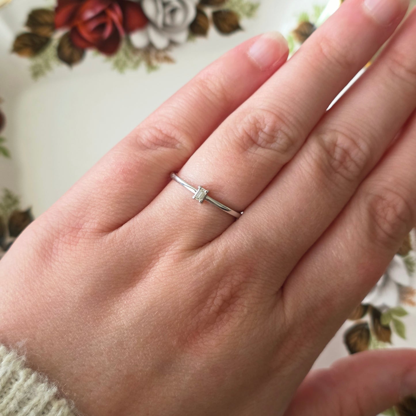 Vintage 14k witgouden ring met diamant baguette