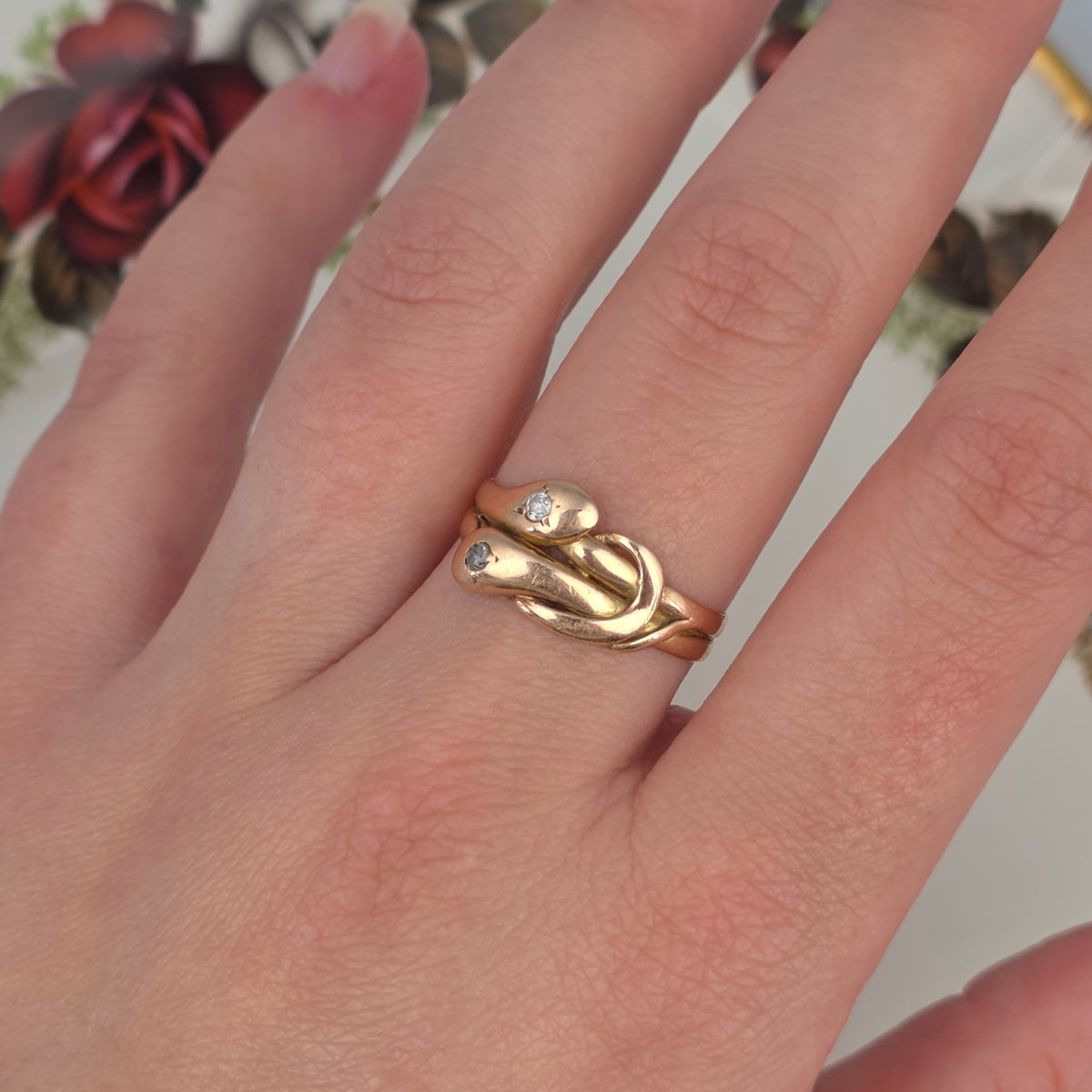Antique 14k gold snake ring with rose-cut diamond and quartz