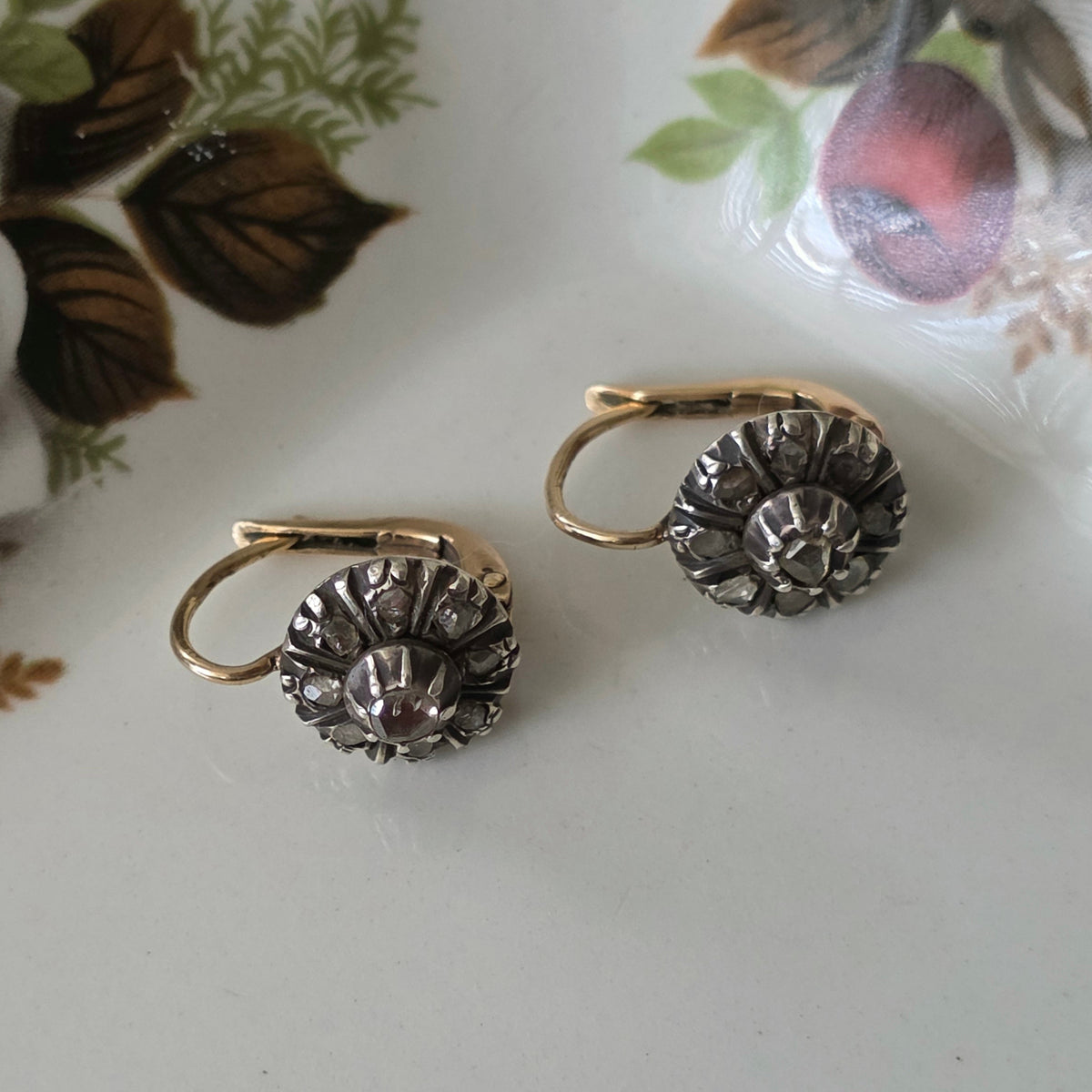 Antique 14k gold and silver rose-cut diamond dormeuse earrings