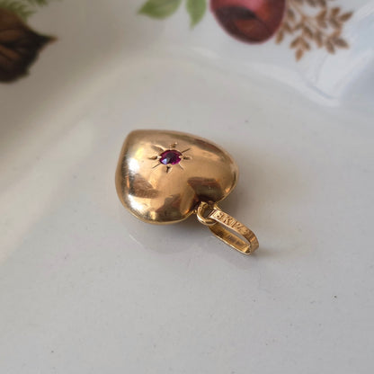 Vintage 18k gouden hanger hart robijn