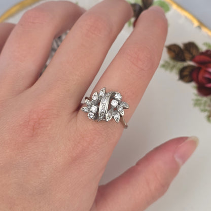 Antieke 14k witgouden ring diamanten bloemen
