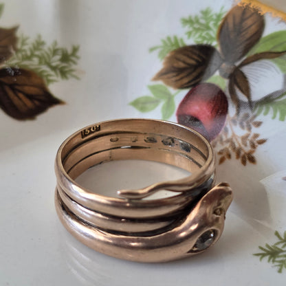 Antieke 14k gouden slang ring met oud Europees geslepen diamant