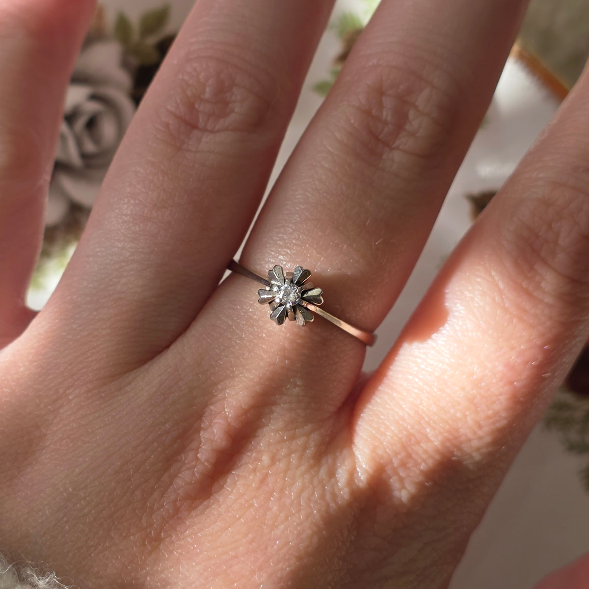 Vintage 14k witgouden ring ster met diamant 0.05ct