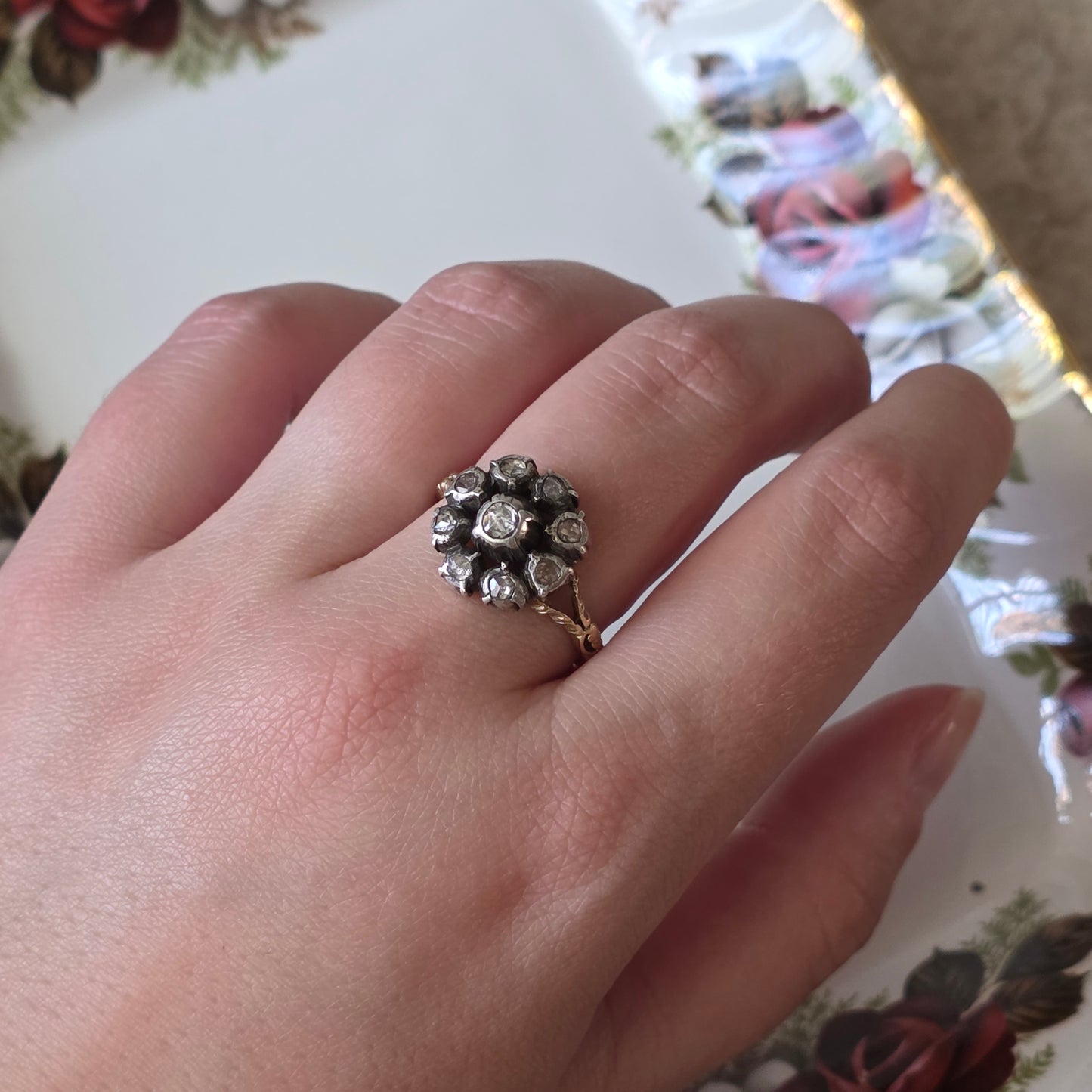 Antieke 14k gouden en zilver ring roosdiamant bloem