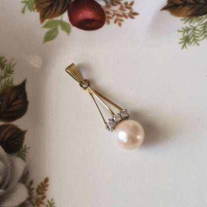 Vintage 14k gouden hanger parel en diamanten