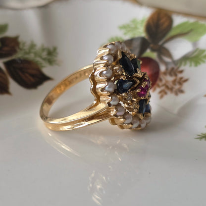 Vintage 14k ring saffier robijn diamant en zaadparels Franklin Mint