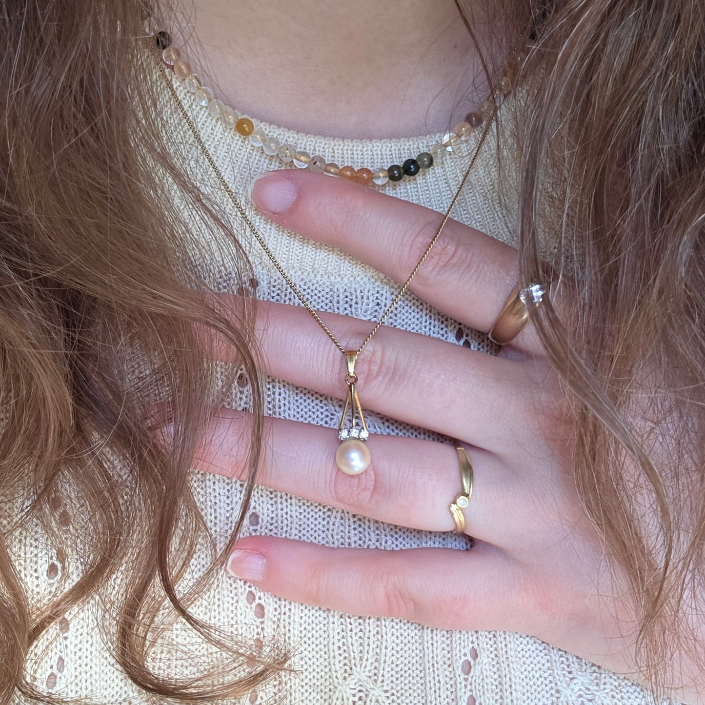 Vintage 14k gouden hanger parel en diamanten