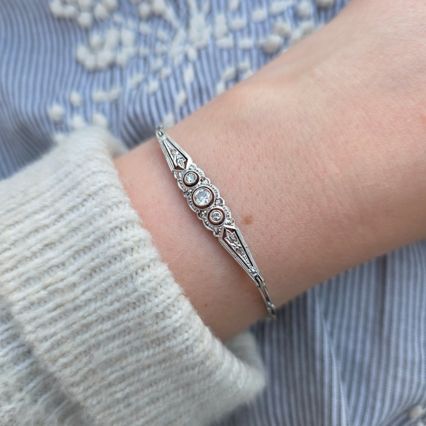 Antieke 14k wit gouden Art Deco diamanten armband