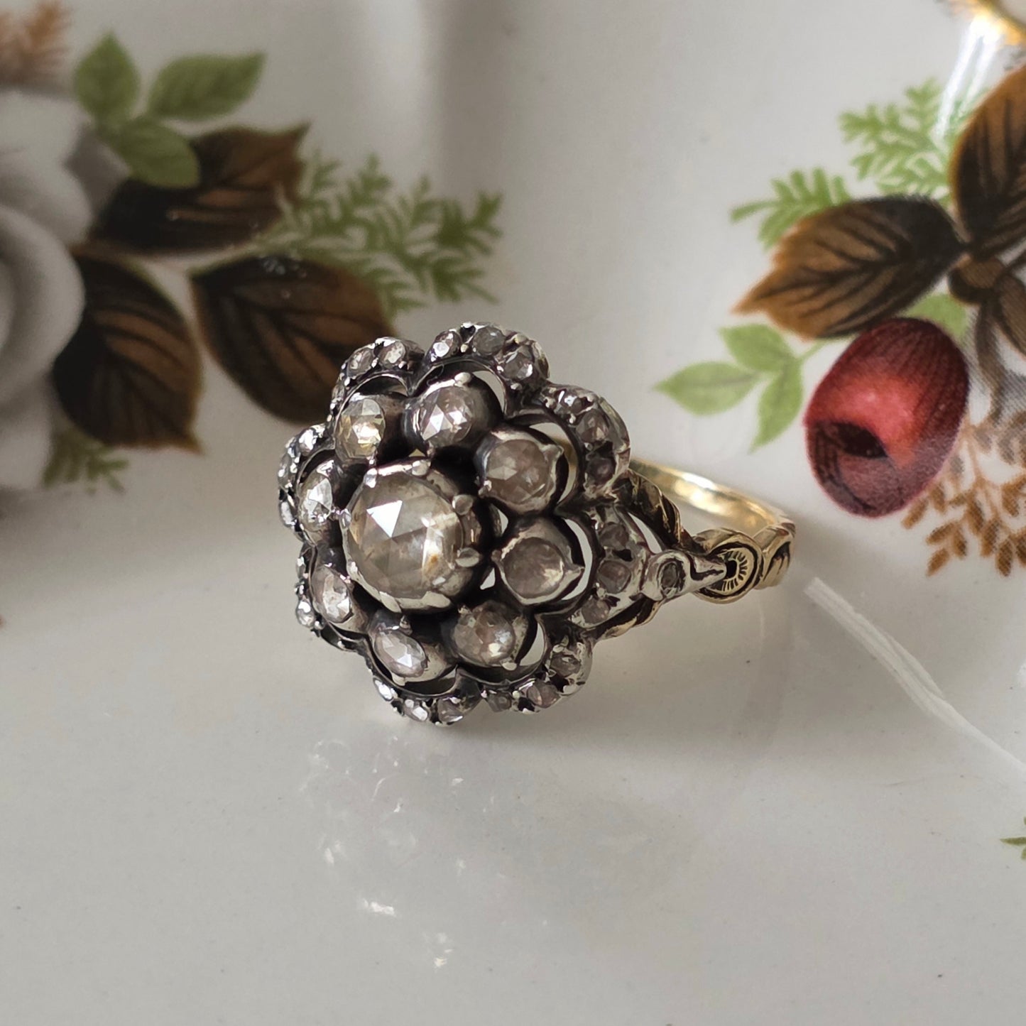Antieke 14k gouden en zilver ring roosdiamant bloem