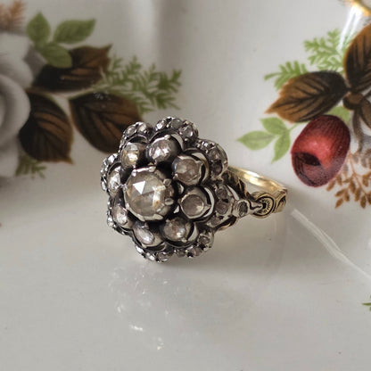 Antieke 14k gouden en zilver ring roosdiamant bloem
