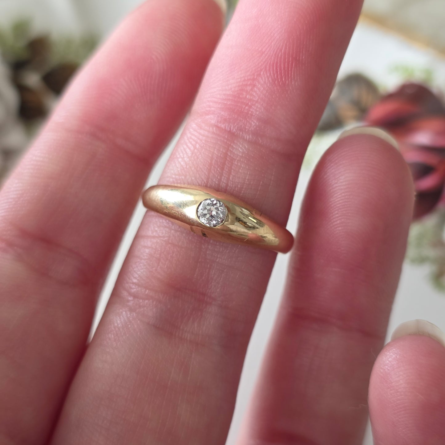 Vintage 14k gouden gypsy ring old european cut diamant 0.1ct