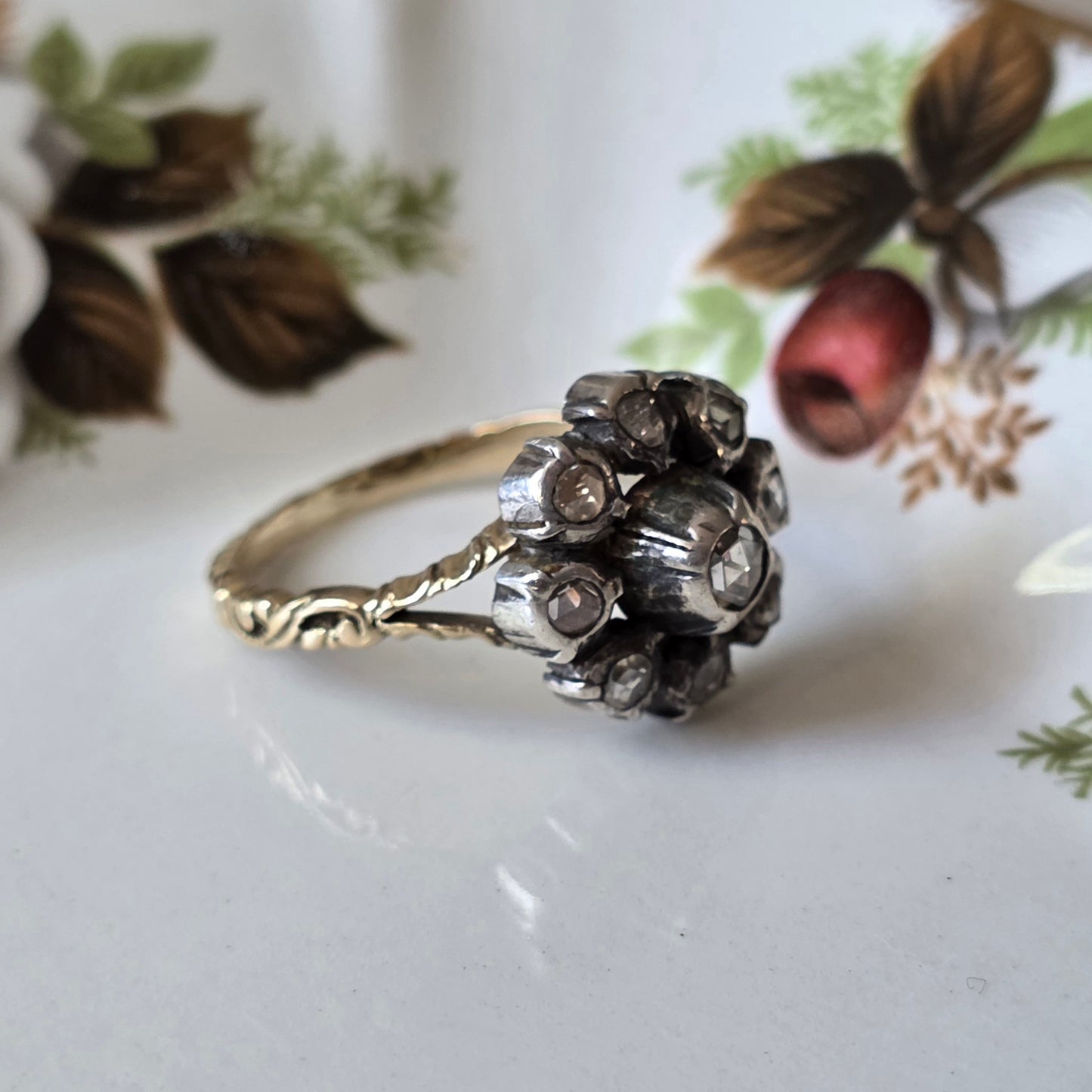 Antieke 14k gouden en zilver ring roosdiamant bloem