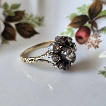 Antieke 14k gouden en zilver ring roosdiamant bloem