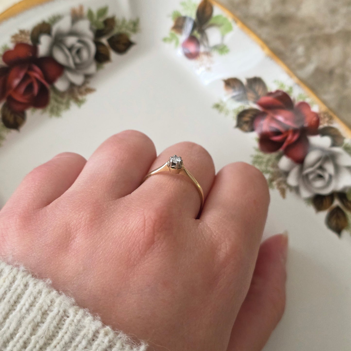 Vintage 14k gouden solitair verlovingsring diamant 0.1ct