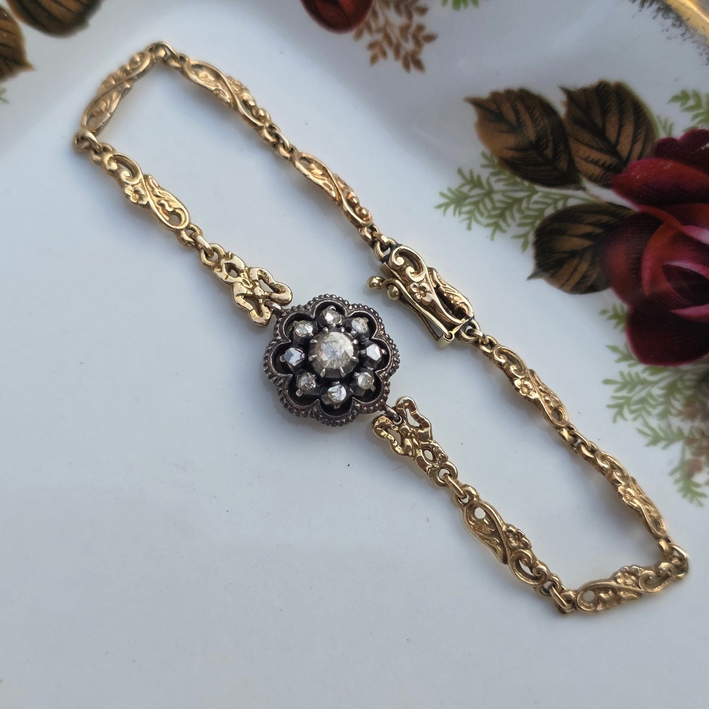 Antieke 14k gouden en zilver roosdiamant armband
