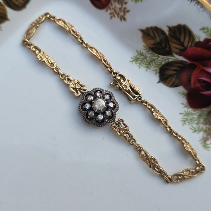 Antieke 14k gouden en zilver roosdiamant armband